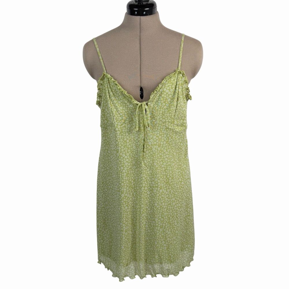AE American Eagle Babydoll Mini Mesh Dress Large Green Floral Cottagecore Y2K